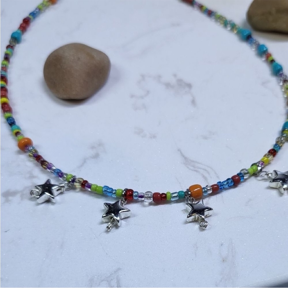 Multicoloured rainbow beaded star charm necklace chocker